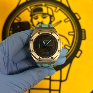 Casio G-Shock GA-2100 “CasiOak” – Silver Custom Bezel, Turquoise Strap, Analog-D